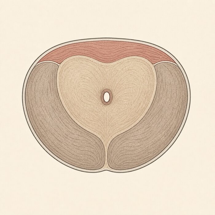 Zonas da próstata — desenho anatômico a grafite sobre papel marfim; em vermelho-óxido, anatomia zonal. A imagem não traz texto: as estruturas estão na legenda.